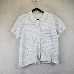 Molly Green Ivory Crochet Knit Button Front Collared Short Sleeve Cardigan XL‎